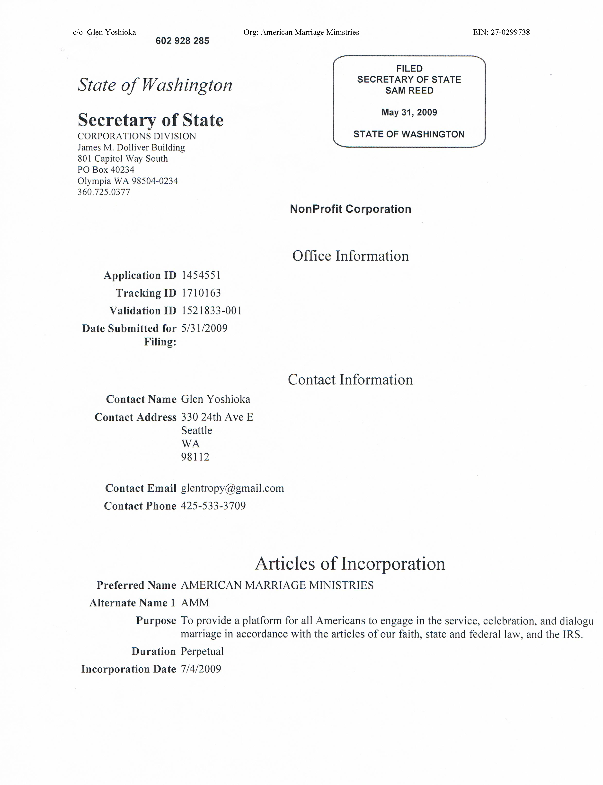 American Marriage Ministries Washington Articles of Incorporation Page 1