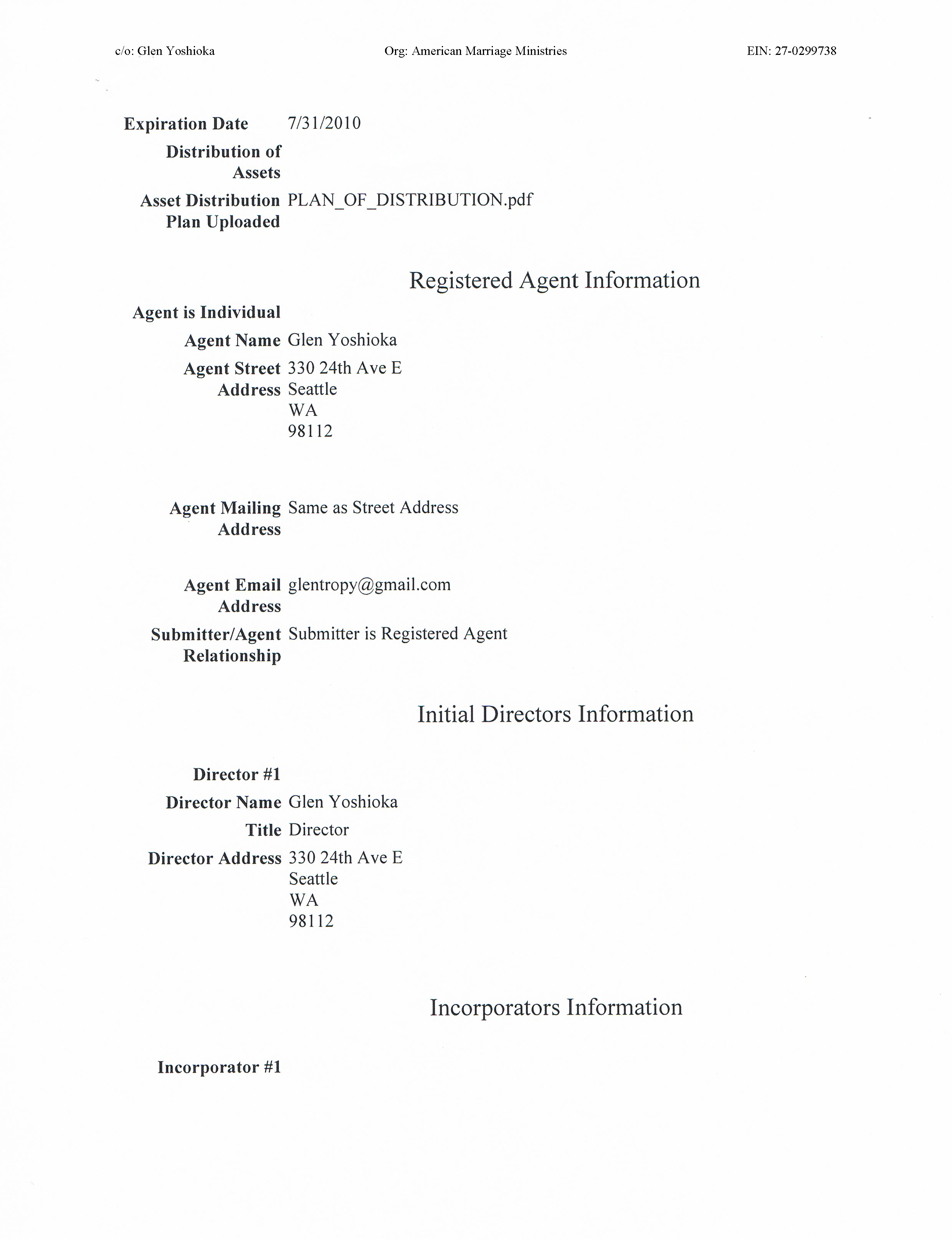 American Marriage Ministries Washington Articles of Incorporation Page 2