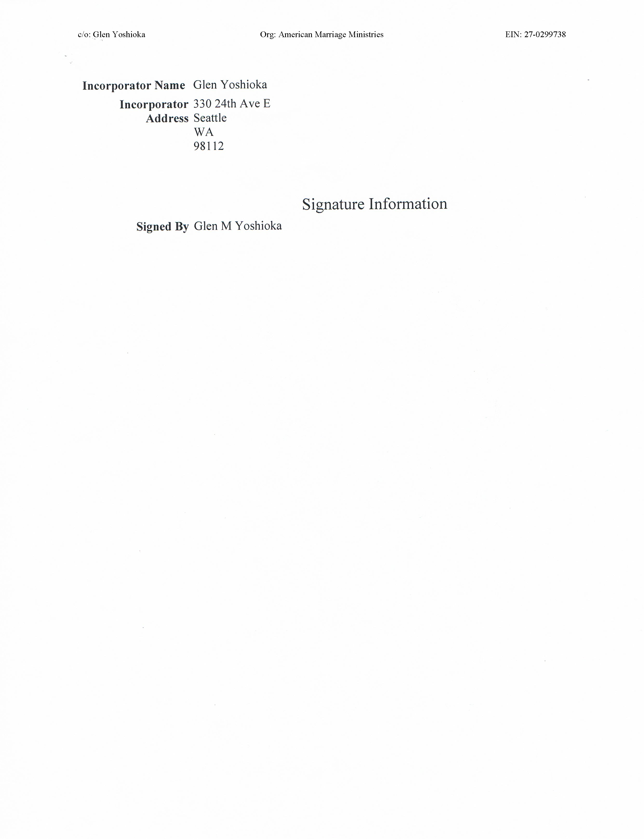 American Marriage Ministries Washington Articles of Incorporation Page 3